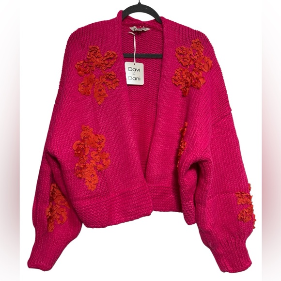 DAVI & DANI Sweaters - Davi & Dani Hot Pink Floral Appliqué Open Front Drop Shoulder Cardigan Sz Large